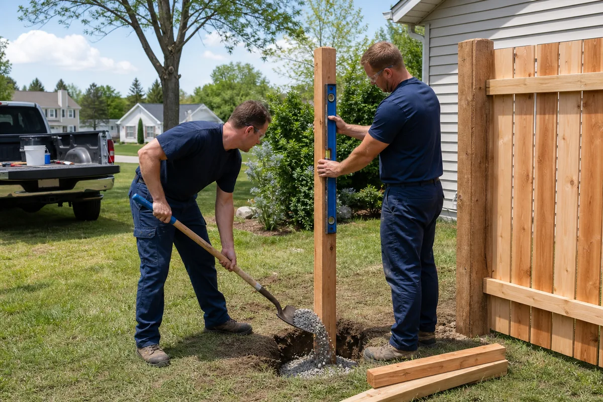 BH Fencing crew installing a new cedar privacy fence in metro Detroit